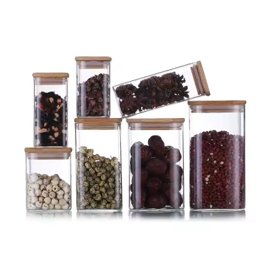 Wholesale BPA-free Square glass food storage jars with airtight bamboo lids