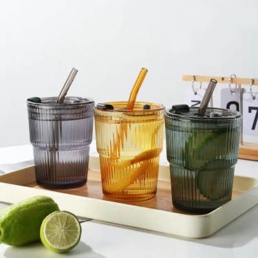 Customize Colors Luxury Vertical Striped Embossed Glass Cup with Glass Straw