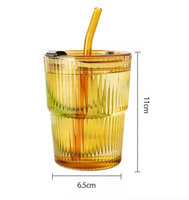 Customize Colors Luxury Vertical Striped Embossed Glass Cup with Glass Straw