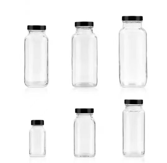 60ml 120ml 180ml 250ml 300ml 350ml 500ml clear french square round beverage glass bottle for Juice coffee Kombucha milk with black lid