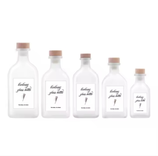 Wholesale juice bottles sangria tea 100ml 250ml 300ml 350ml 530ml square frosted glass homebrew bottle with cork lids