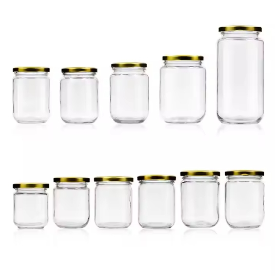 Hot sale factory free sample round shape custom clear empty 100-1000ml glass food container storage jar with screw cover