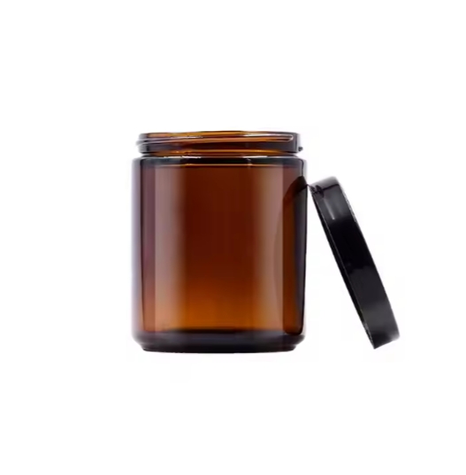 《250 ML Amber Straight Side Glass Jars with Black Plastic Screw Lids: Ideal for Food Packaging》