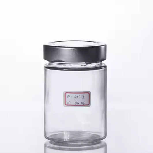 Hot Filling Black Metal Deep Lid Straight Sided Food Package Container Chutney Peanut Butter Ergo Glass Jar 314 ml