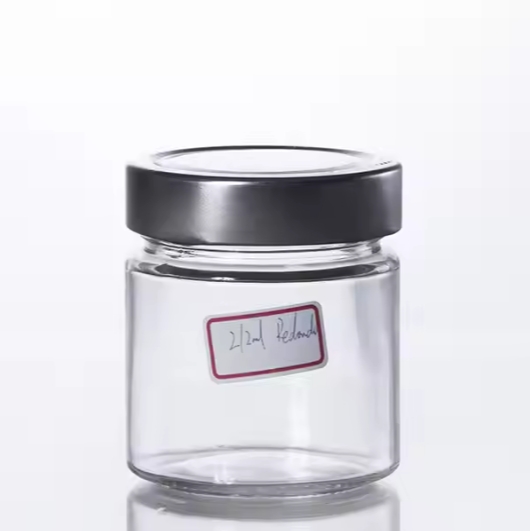 Hot Filling Black Metal Deep Lid Straight Sided Food Package Container Chutney Peanut Butter Ergo Glass Jar 314 ml