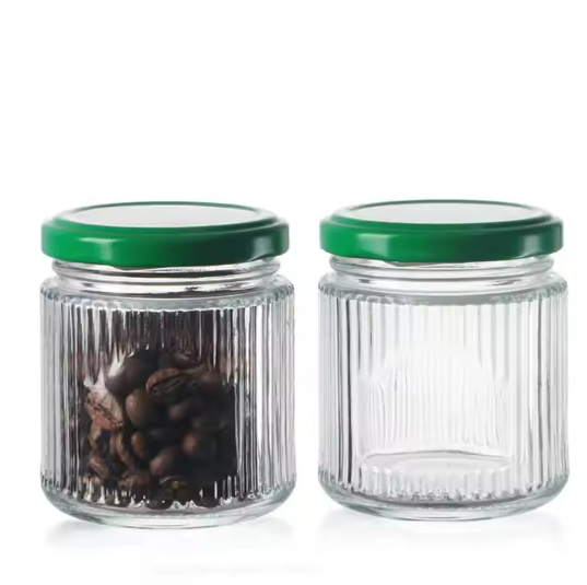 Factory wholesale of new 150ml green lid vertical striped glass jar and its application