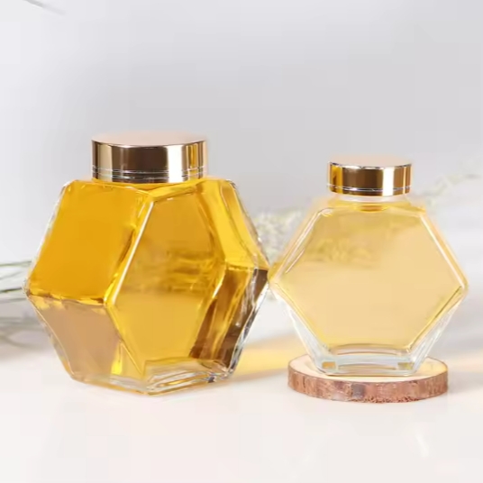 180ml sales reasonable price luxury hexagon glass honey jars with airtight metal lid