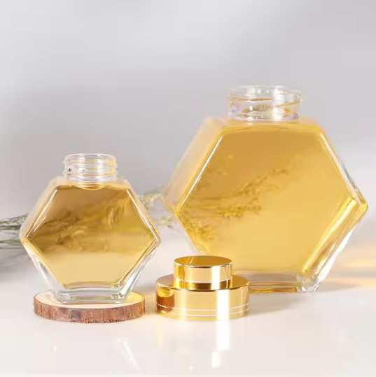 180ml sales reasonable price luxury hexagon glass honey jars with airtight metal lid