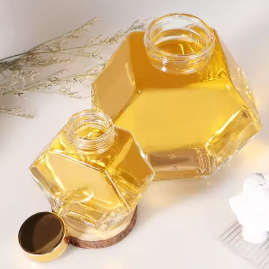 180ml sales reasonable price luxury hexagon glass honey jars with airtight metal lid