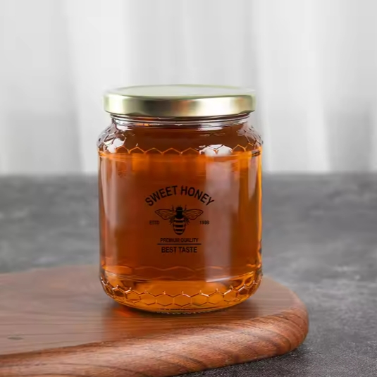 Wholesale Factory Price 390ml 770ml Empty Honeycomb Hexagonal Embossed Glass Honey Jar 500 Gr with Twist-off Lid