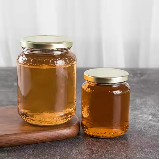 Wholesale Factory Price 390ml 770ml Empty Honeycomb Hexagonal Embossed Glass Honey Jar 500 Gr with Twist-off Lid