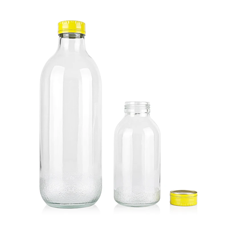 300ml 1000ml Transparent Bottom Embossing Juice Milk Soft Glass Beverage Bottles With Aluminum Lids