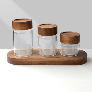 Wholesale 10ml-1750ml Borosilicate Clear Empty Small Glass Storage Jar With Wood Grain Pattern Screw Top