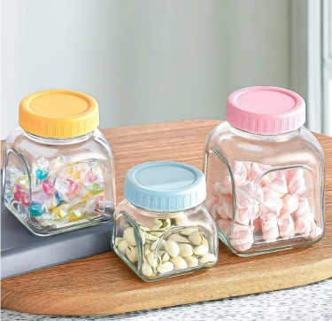 Wholesale Square Embossing Glass Storage Jar Mason Jars With Plastic Screw Cap