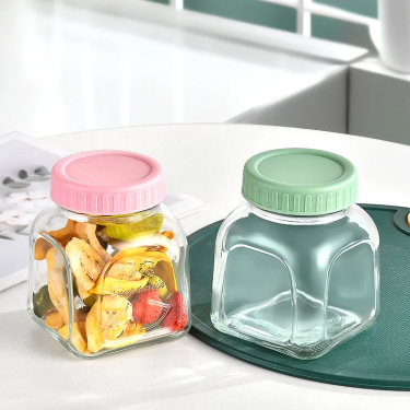 Wholesale Square Embossing Glass Storage Jar Mason Jars With Plastic Screw Cap