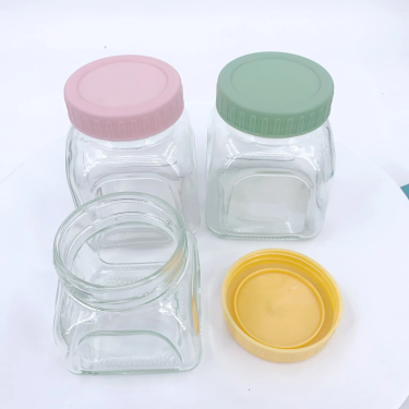 Wholesale Square Embossing Glass Storage Jar Mason Jars With Plastic Screw Cap