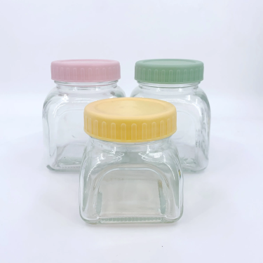 Wholesale Square Embossing Glass Storage Jar Mason Jars With Plastic Screw Cap