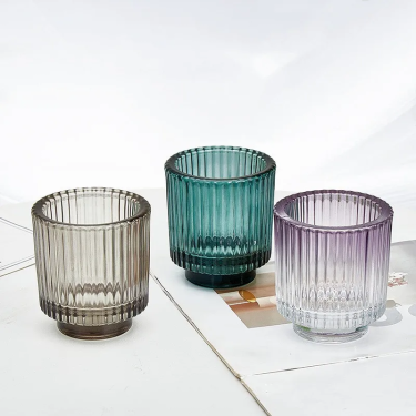 Customized Color Luxury Vertical Stripes Thick Candlestick Glass Cup Candle Holder Home Decoration