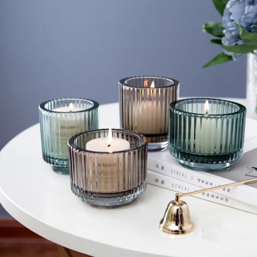 Customized Color Luxury Vertical Stripes Thick Candlestick Glass Cup Candle Holder Home Decoration