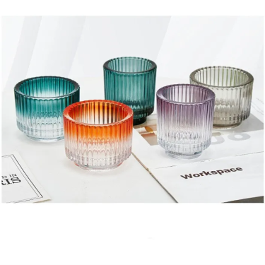 Customized Gradient Color Luxury Vertical Stripes Romantic Home Decoration Candlestick Glass Cup Candle Holder