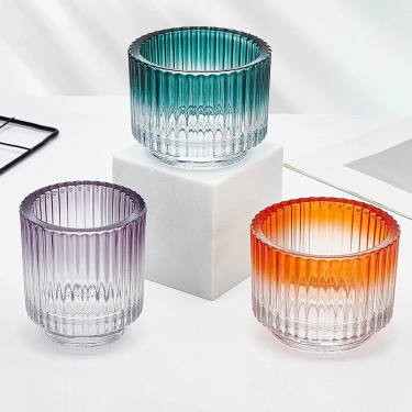 Customized Gradient Color Luxury Vertical Stripes Romantic Home Decoration Candlestick Glass Cup Candle Holder