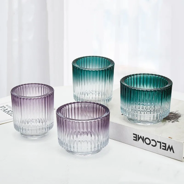 Customized Gradient Color Luxury Vertical Stripes Romantic Home Decoration Candlestick Glass Cup Candle Holder