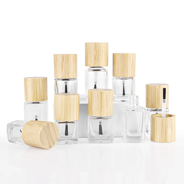 Clear Empty 5ml 8ml 10ml 15ml small square round nail polish glass bottles with bamboo pattern lid