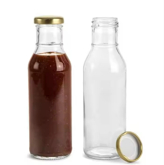 printed Long Neck 8oz and 12 oz and 16oz glass bottle glass bottle for sauce BBQ juice with ring cap