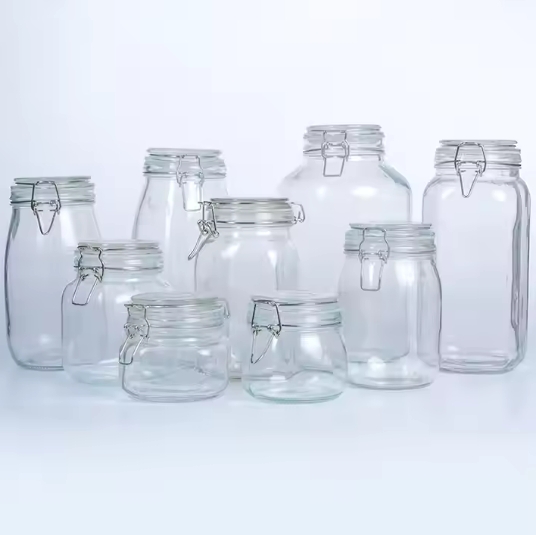 Top Selling 150ml 500ml 750ml 1000ml Kitchen Food Storage Glass Jars With Metal Lid Airtight Clip Top