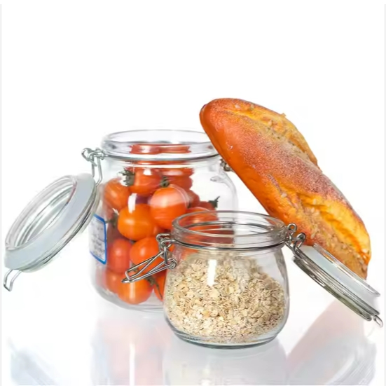 Top Selling 150ml 500ml 750ml 1000ml Kitchen Food Storage Glass Jars With Metal Lid Airtight Clip Top