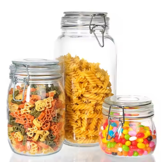 Top Selling 150ml 500ml 750ml 1000ml Kitchen Food Storage Glass Jars With Metal Lid Airtight Clip Top