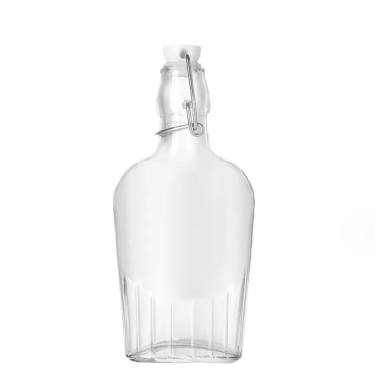 Wholesale clear empty flat wine liquid swing glass bottle with flip top clip lid