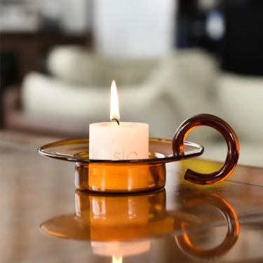 Hand Blowing Transparent Amber Decorative Plate Shape Glass Candle Holder