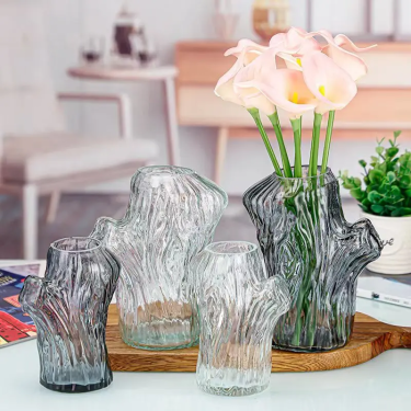 Unique Stump Shape Transparent Gray Flower Vases Home Decoration Glass Vase