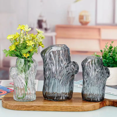 Unique Stump Shape Transparent Gray Flower Vases Home Decoration Glass Vase