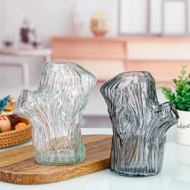 Unique Stump Shape Transparent Gray Flower Vases Home Decoration Glass Vase