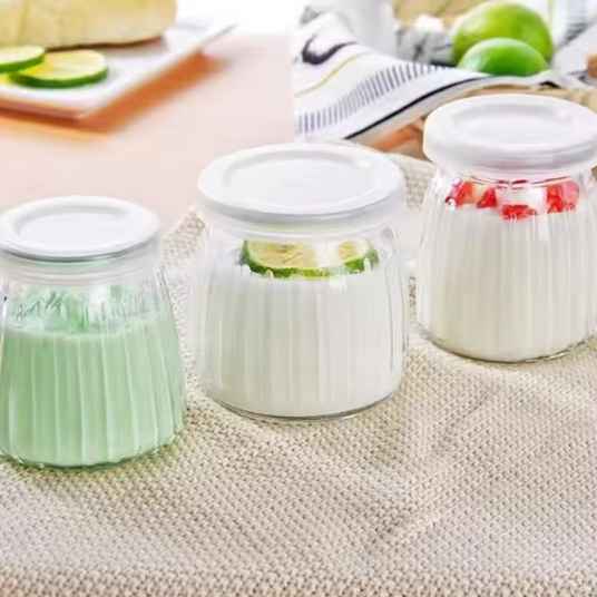 7oz Small Vertical stripes emboss Clear Glass Yogurt Container with PE Lids for Candy Cake Pudding Yogurt and Jam