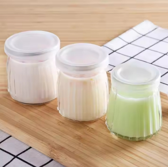 7oz Small Vertical stripes emboss Clear Glass Yogurt Container with PE Lids for Candy Cake Pudding Yogurt and Jam