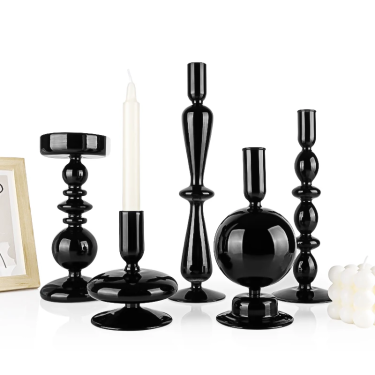 High quality luxury hand-blown glass black candle holder candle pillars for home wedding decoration