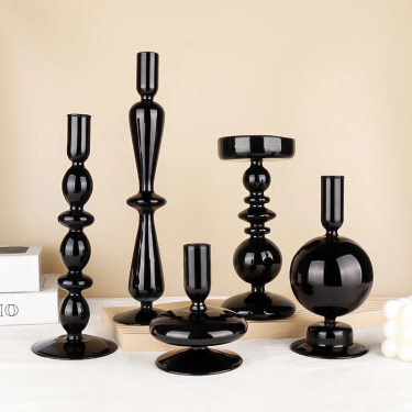 High quality luxury hand-blown glass black candle holder candle pillars for home wedding decoration