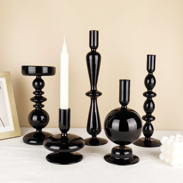 High quality luxury hand-blown glass black candle holder candle pillars for home wedding decoration