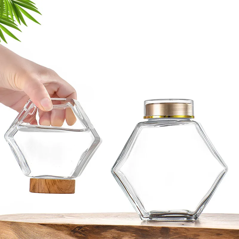 180ml 360ml 720ml Clear Flat Hexagonal Honey Jam Glass Jars Food Storage Container With Lid