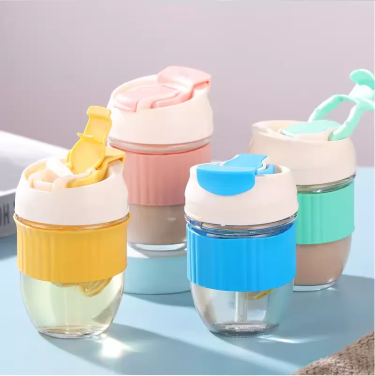 350ml Outdoor Leak Proof  Glass Coffee Water Drinking Cup With Plastic Lid and Straw