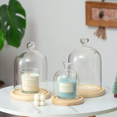 High Borosilicate Glass Transparent Bell Shaped Candle Glass Dome Cover with Wooden or Bamboo Plate