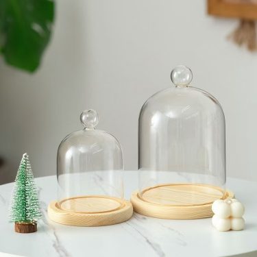 High Borosilicate Glass Transparent Bell Shaped Candle Glass Dome Cover with Wooden or Bamboo Plate