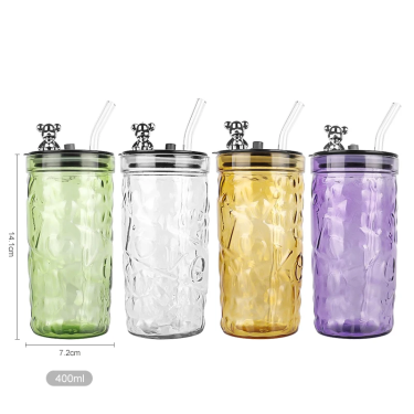 400ml Fashionable Luxury Transparent Colorful Little Bear Glass Drinking Bottle with Lid for Juice Soda Water