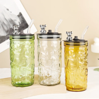 400ml Fashionable Luxury Transparent Colorful Little Bear Glass Drinking Bottle with Lid for Juice Soda Water