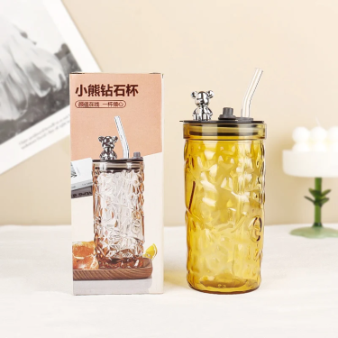 400ml Fashionable Luxury Transparent Colorful Little Bear Glass Drinking Bottle with Lid for Juice Soda Water