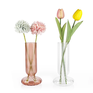 Luxury Simple Vertical Stripes Embossed Transparent Customized Color Borosilicate Glass Vase