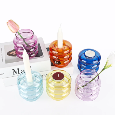 Hand blown high borosilicate glass customized colored candle holder funny donut shape glass candlesticks